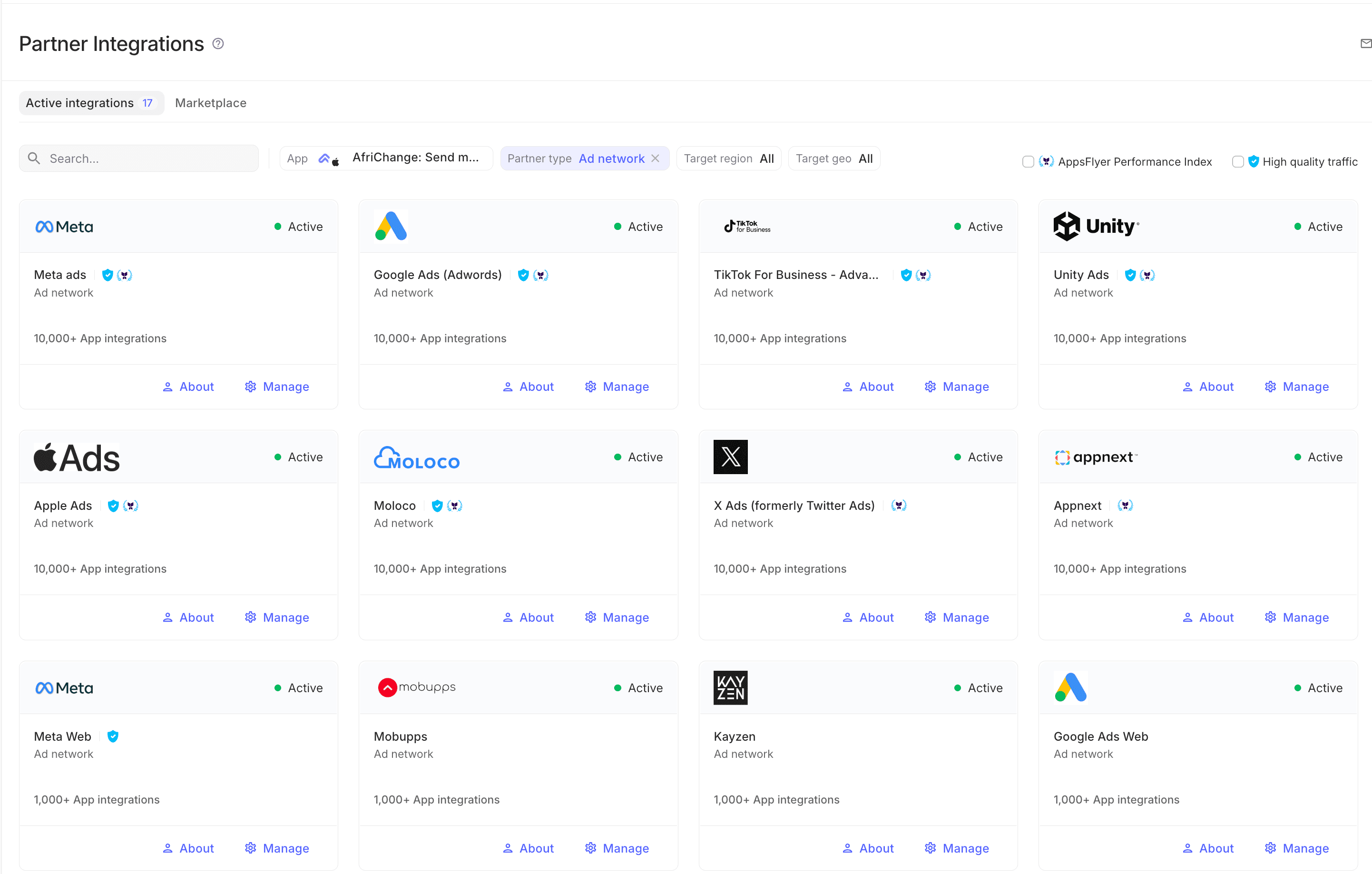 After · AppsFlyer Partner Integrations. Active ad network connections